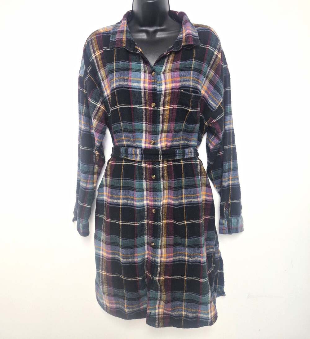 American Eagle Outfitters Plaid Flannel Button Front Belted Shirt Dress sz L